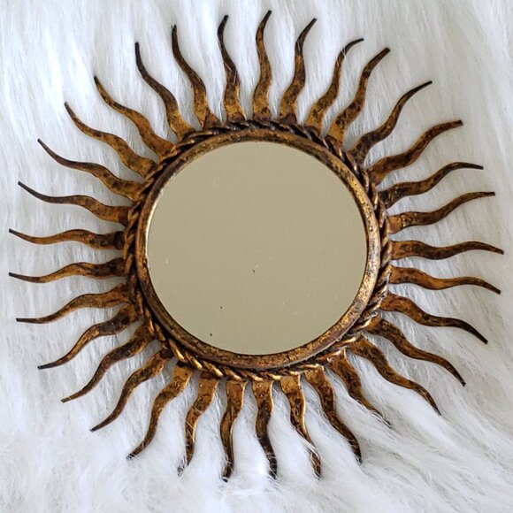 Sunburst Mirror in Gilt Wrought Iron, Small Scale Wall Hanging - Picture 5 of 5